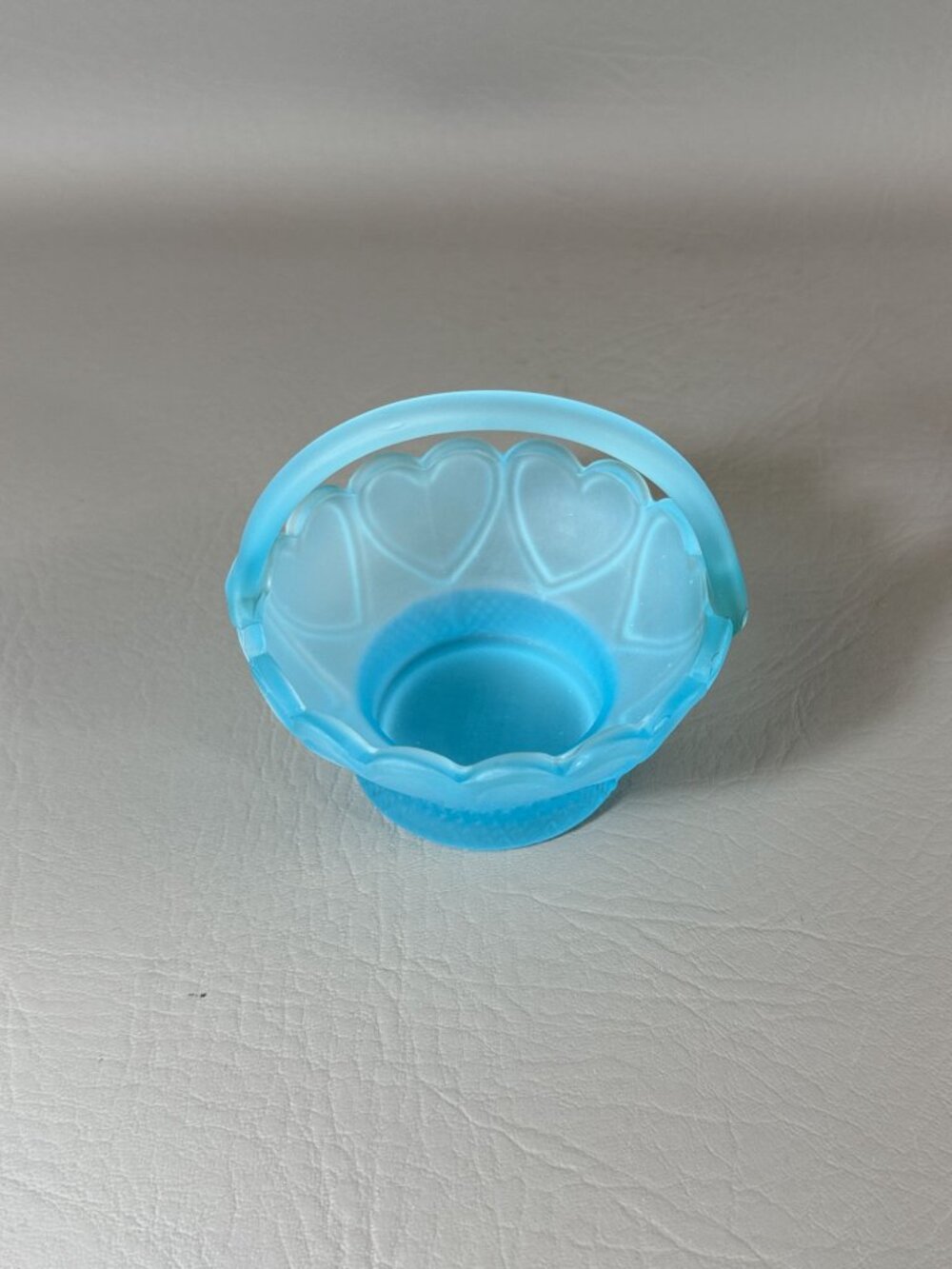 Vintage Frosted Blue Satin Glass Mini Basket Embossed Hearts Candy Dish Trinket - Picture 6 of 12